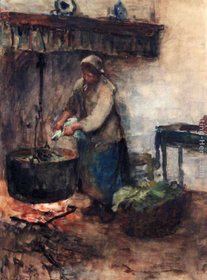 Albert Neuhuys A Cottage Interior With A Peasant Woman Preparing Supper